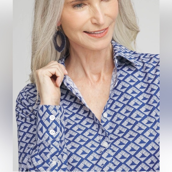 NWT CHICO’S Shirt No Iron Cotton Blue White Diamond Print Sz:16 (Chico’s Sz: 3) - Picture 1 of 13
